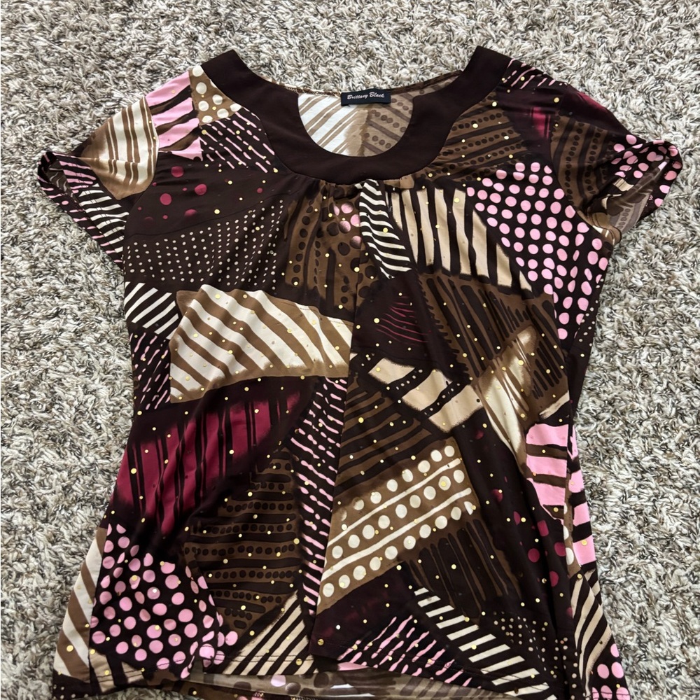 Vintage Y2K Brown and Pink Patterned Women's Top